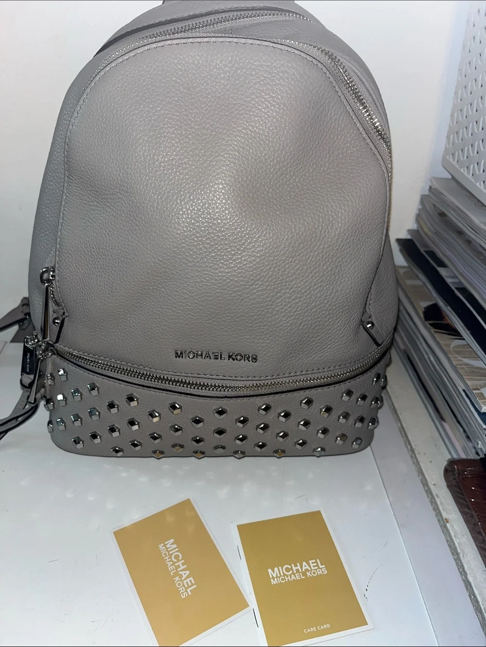 NWOT MICHAEL KORS REA STUDDED GRAY PEBBLED LEATHER BACKPACK